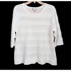 CJ Banks Knit Sweater Women’s 1X White 3/4 Sleeves Textured Beach Coastal Cruise